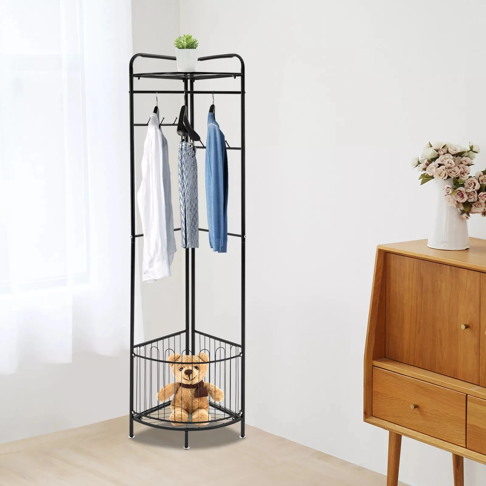 Metal Corner Hall Tree Coat Rack Entryway Storage Stand Office Clothes Rack