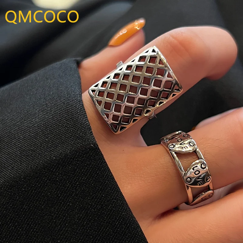 QMCOCO Korean INS Fashion Creative Mesh Hollow Personality Geometric Ring Woman Index Finger Ring Silver Color Party Accessories