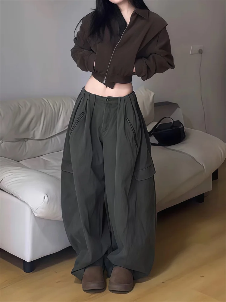 

Американские винтажные брюки-блумеры в стиле милитари зеленого цвета для женщин, осень 2025, новинка, свободный крой, широкие джинсы