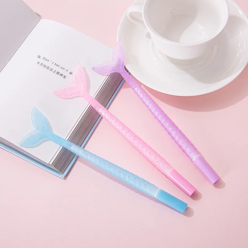 10Pcs/Lot Cute Fish Tail Gel Pen Cartoon Mermaid Soft Silicone Pens 0.5mm Blue Black Ink Office Writing Kids School Stationery