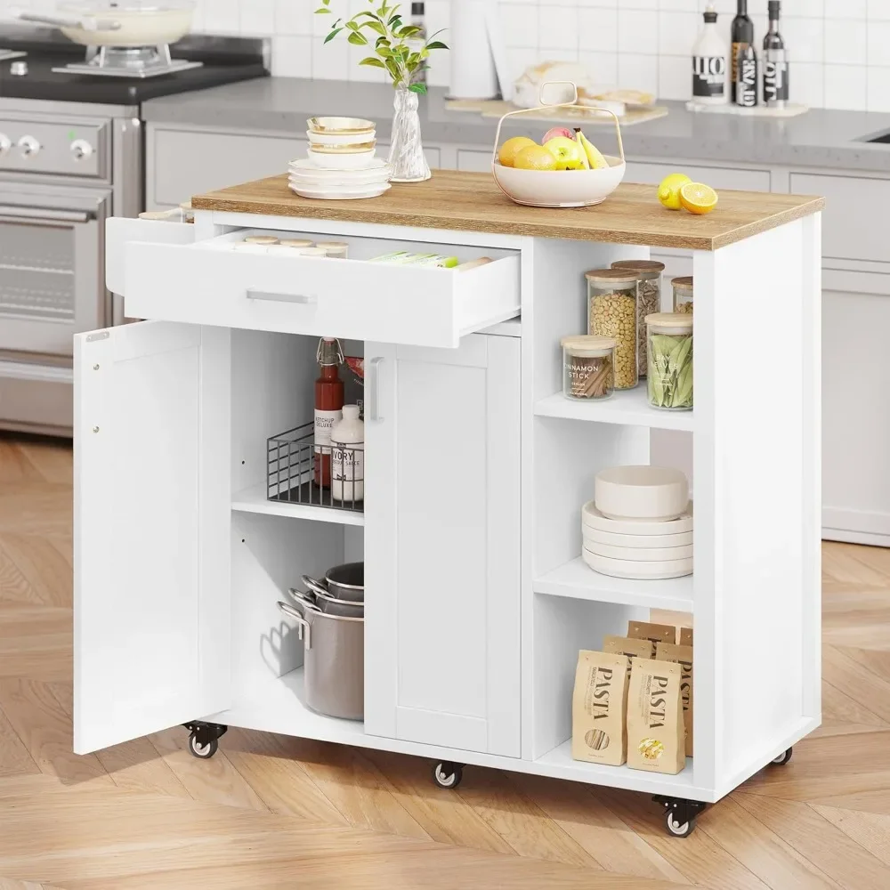 Kitchen Island with Storage, Rolling Kitchen Island on Wheels with Drawer Open Shelves & Wine Rack Spice Rack