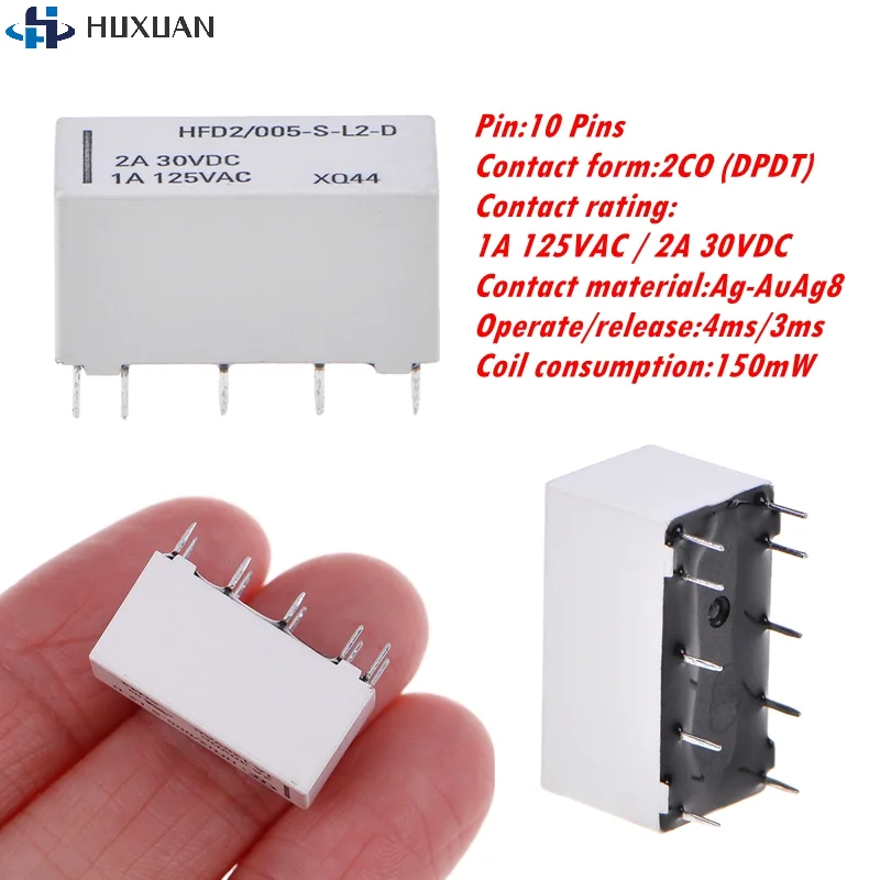 5V DPDT 30VDC 2A 1A 125VAC HFD2/005-S-L2-D Realy 10 Pins Coil Bistable Latching Relay