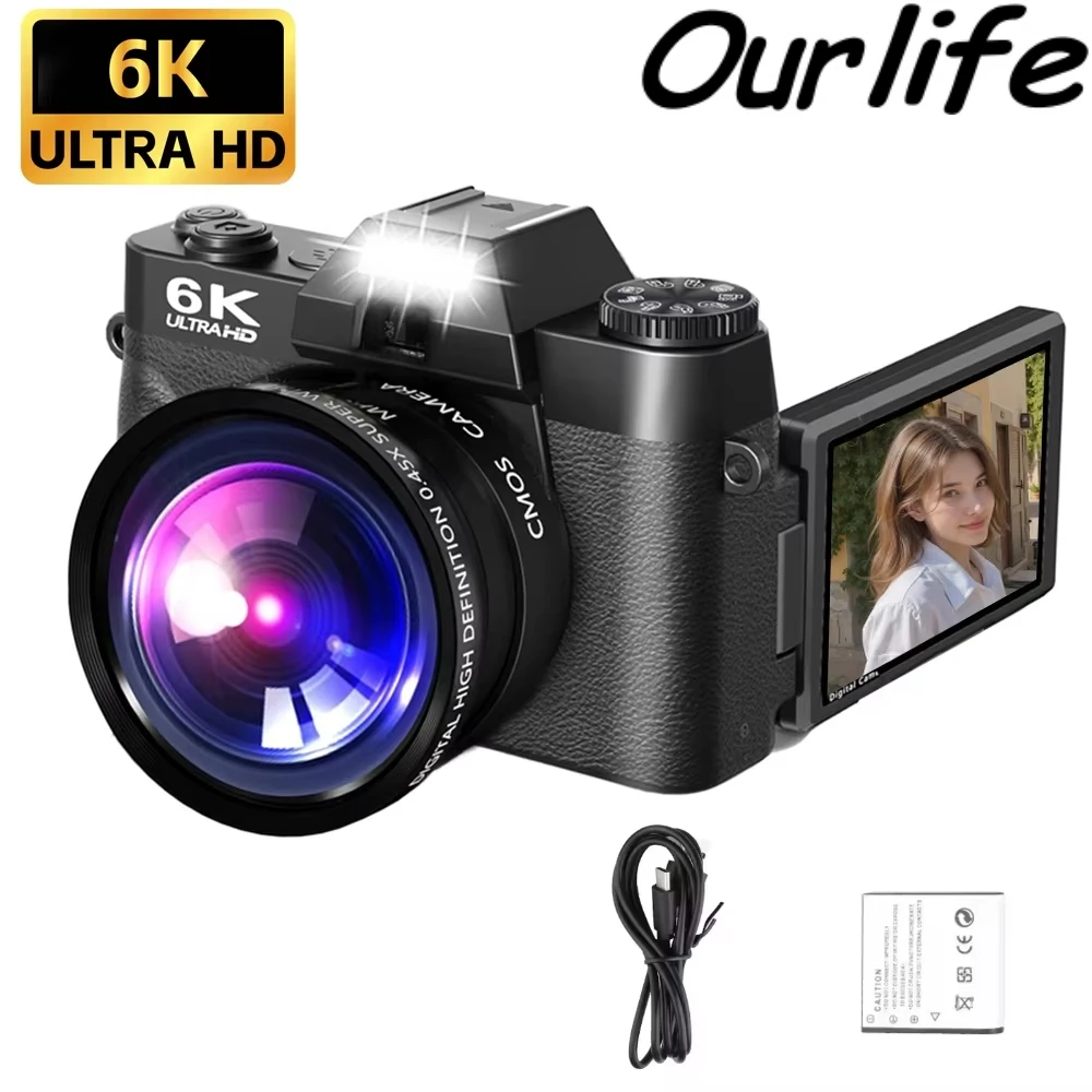 

Ourlife 6K Compact Digital Photography Camera 64MP 16X Digital Zoom Camcorder 3'' 180° Flip Screen WiFi Vintage Vlog Video