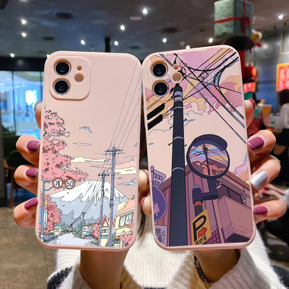 

Japan Anime Landscape Phone Case For iPhone 16 15 11 13 12 14 Pro Max Mini X XS 7 8 Plus 16E SE Shockproof Cartoon Pink Cover