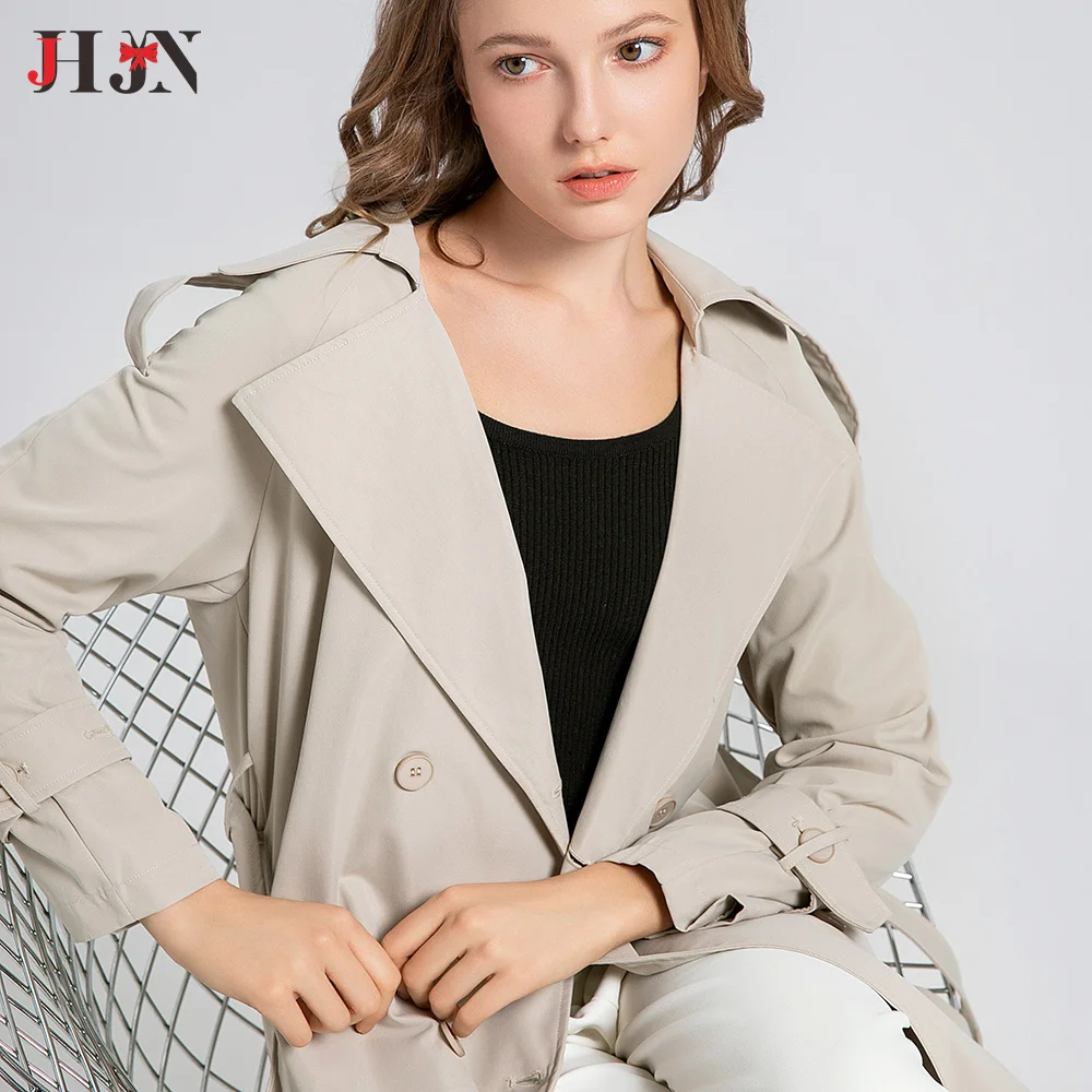 JHJN-Trench-coat beige pour femme avec ceinture, coupe-vent, double boutonnage, long, grand col rabattu, chaud, manteau de bureau pour femme