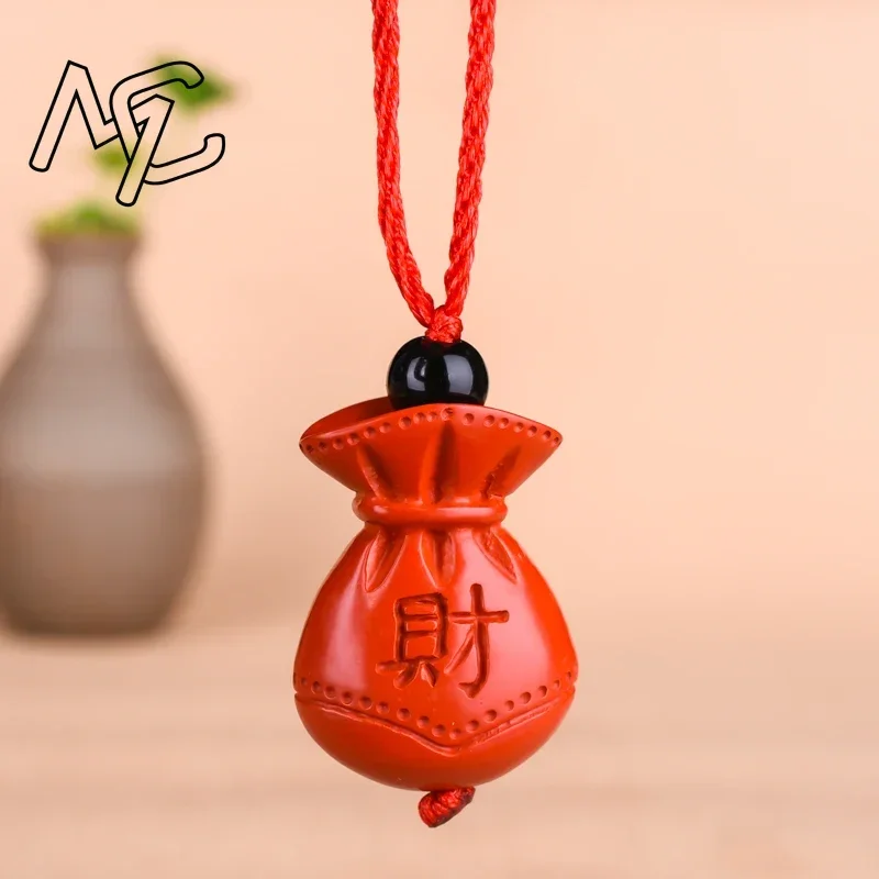 Chinese Red Organic Cinnabar Fortune bag Necklace Pendant Hand-carved Charm Jewellery Fashion Man Lucky Amulet Gifts