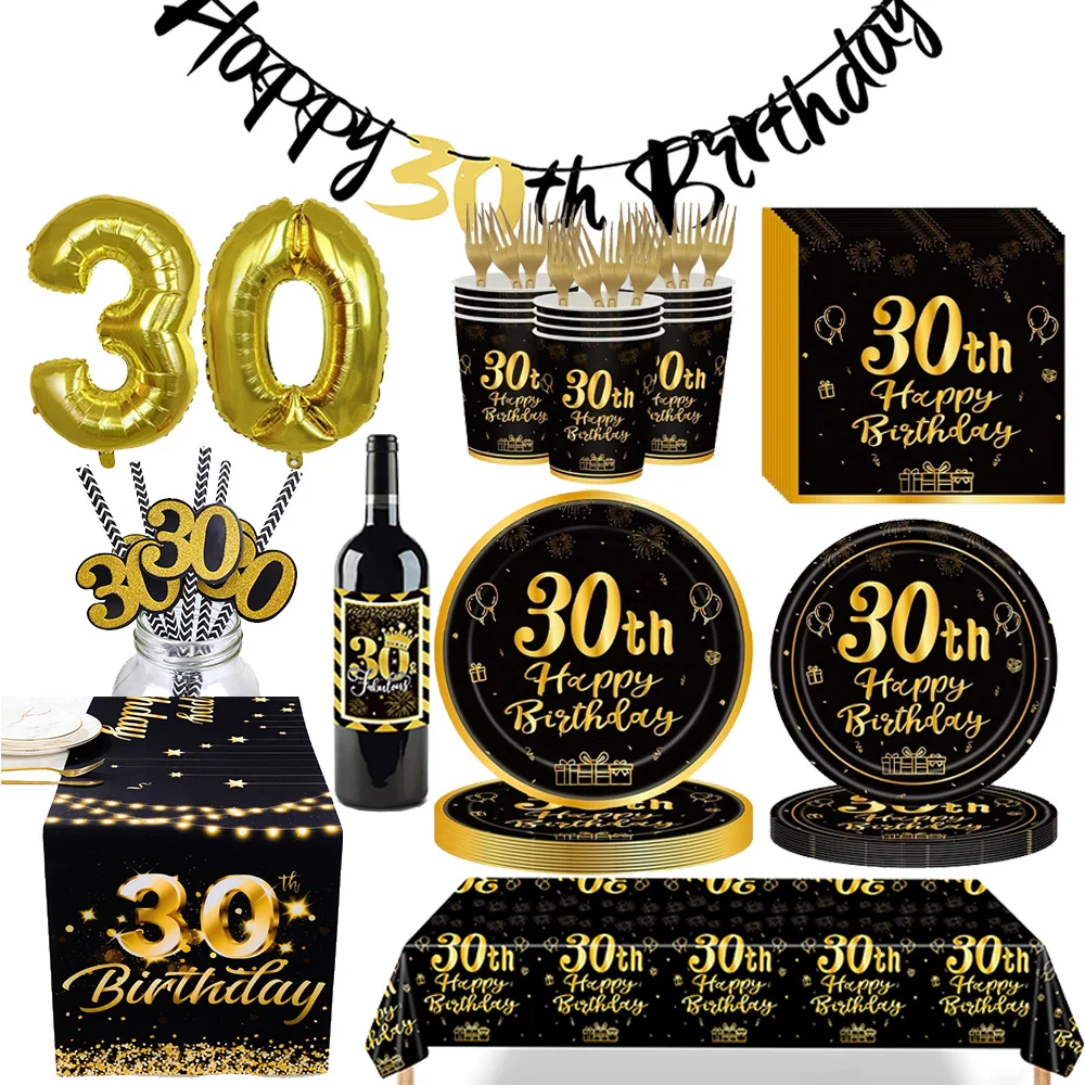 30th Birthday Party Disposable Tableware Paper Plates Cups Napkins Banner Men Women Black Gold Party Decoration Supplies