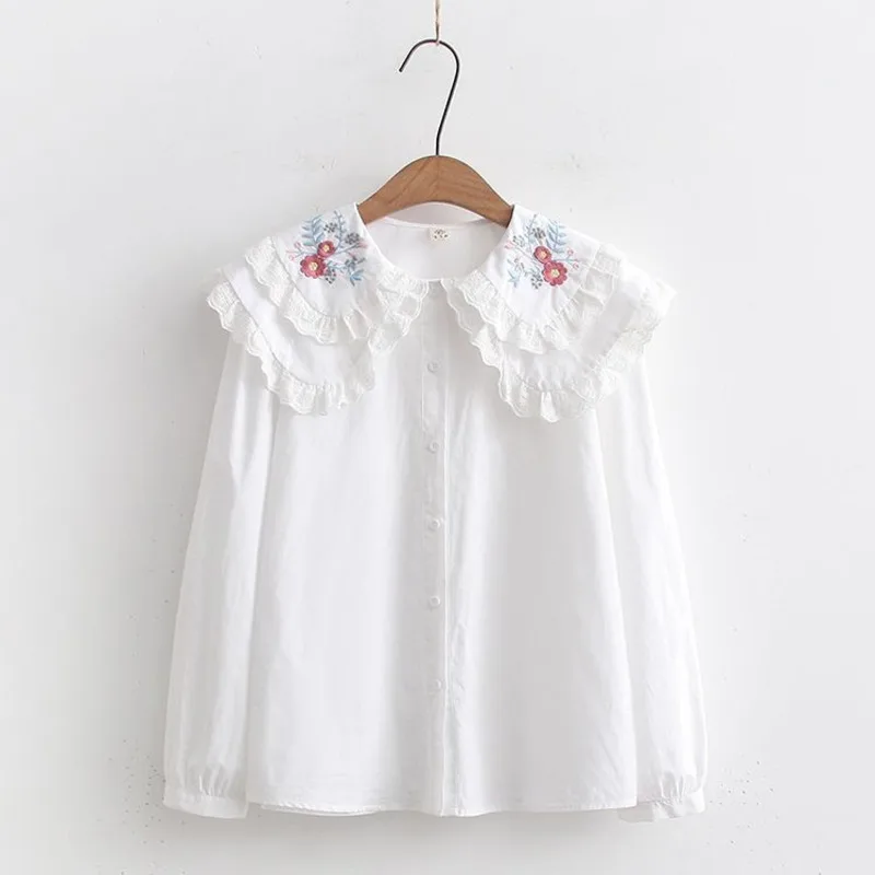 Cute Embroidery Flower Blouse Sweet Doll Collar Button Up Shirts Students Women Summer Tops Y2K Kawaii All-Matching Blusas Tops