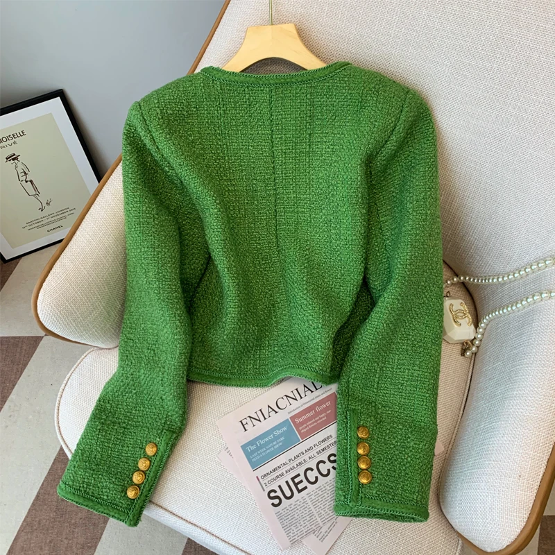 Women Tweed Jacket 2023 Fall Winter Short Coat Korean Elegant Long Sleeve Green Tweed Jacket Luxury Gold Button Cropped Jacket