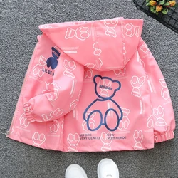 Spring Autumn New Teen Girls Jacket Full Printing Cartoon Bear Hooded Windbreak For 2 3 4 5 6 8 10 12 Years Kids Casual Coat
