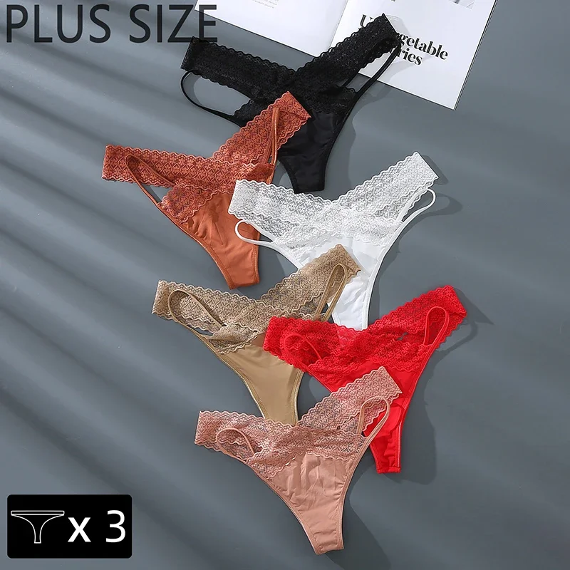 3PCS 여성용 섹시한 레이스 끈 패치 워크 실키 부드러운 피부 친화적 인 경량 속옷, 레이디 T-백 크로스 중공 통기성