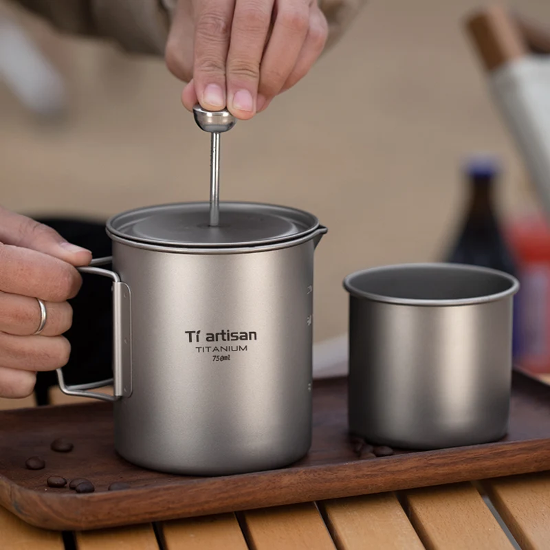 Tiartisan Titanium Folding Handle French Press Hanging Pot Coffee Maker With Lid Outdoor Camping Cookware Water Cup Mug