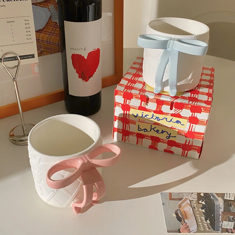

Creative Ceramic Water Cup Breakfast Milk Cup Office Afternoon Tea Latte Coffee Cup Drinking Utensils Bow Handle Mug