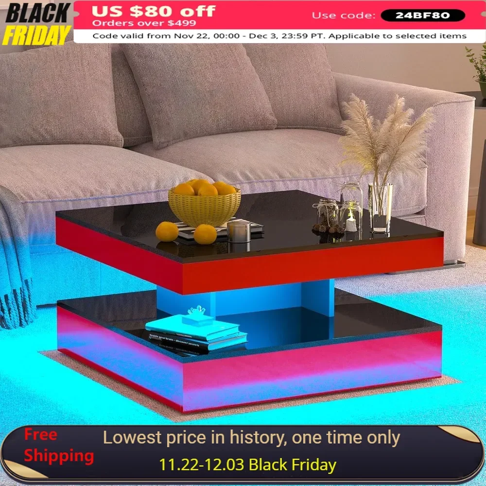 Coffee Table, LED with Lighting, 30.7”, Square Center Table, High Gloss, for Tight Spaces, 2 Tier Design, Cocktail Table