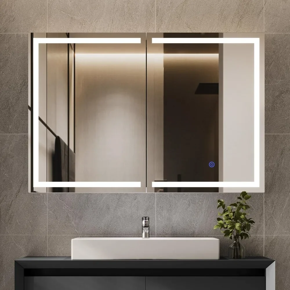 Lighted Medicine Cabinet with Mirror, Wall Mounted Bathroom Mirror with Storage, 2 Doors Bathroom Wall Cabinet with LED