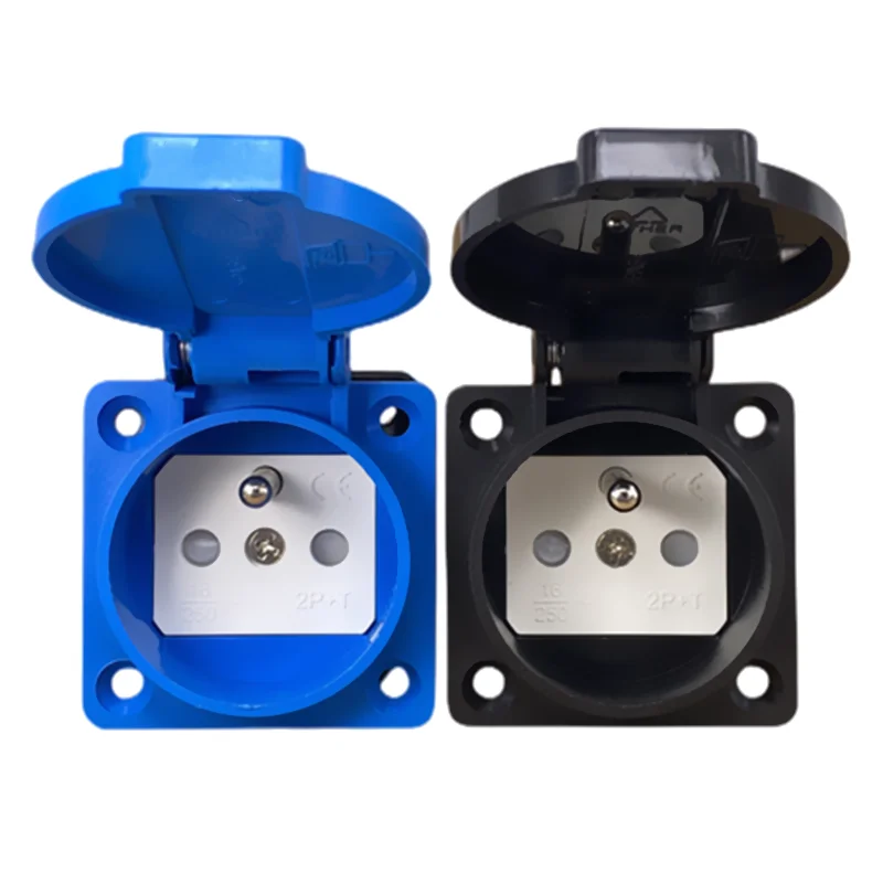 Black Blue Waterproof Franch Germany Industry Safety Outlet 16A 250V CE Cover Waterproof Dustproof Power Connector AC Socket