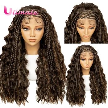 26 אינץ 'תחרה סינתטי חזית מתולתל חתוך פאות פאות קורנו פאה עם שיער תינוק boho צמות בורגונדי