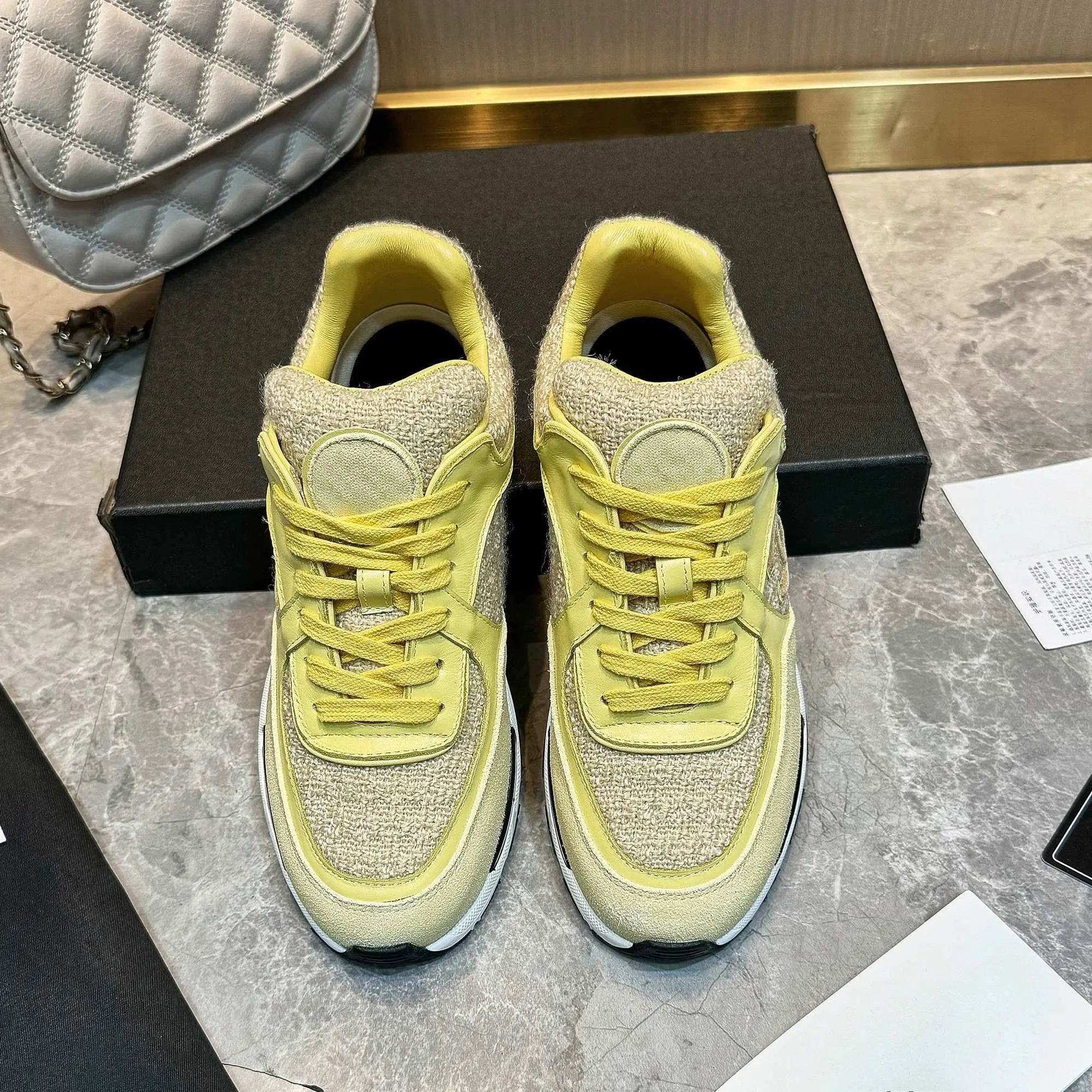 Unisex Yellow Tweed Panel Sneakers Lace Up Thick Sole Fashion Casual Trainers