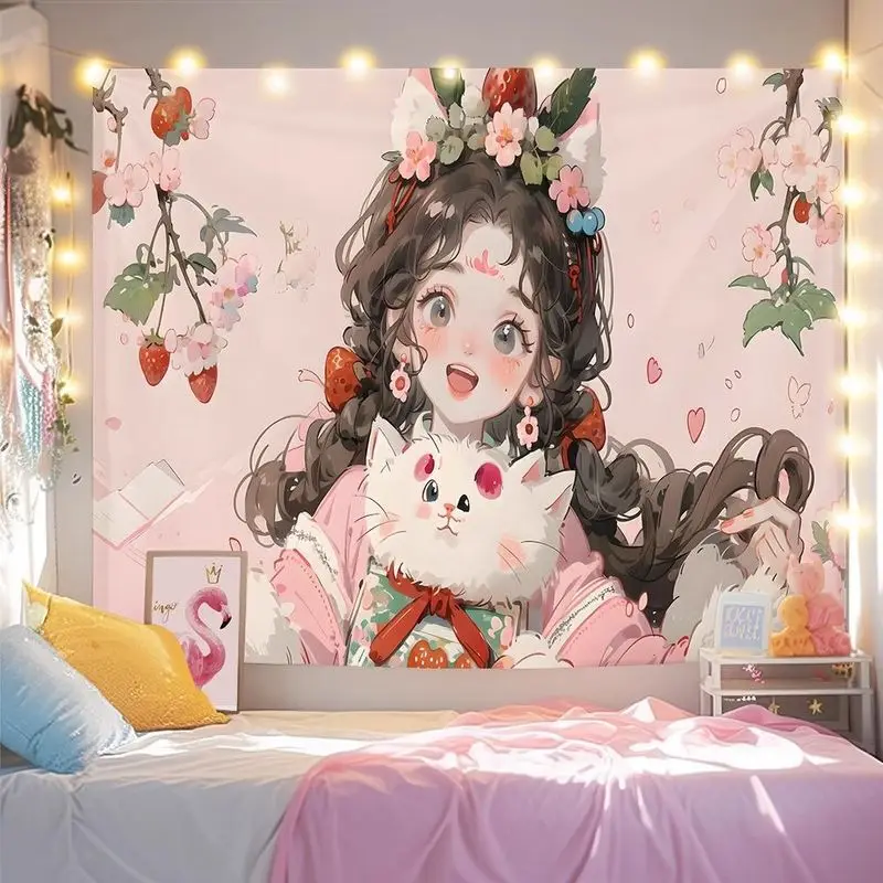 VIKAMA Silver Hairpin Girl White Rabbit Tapestry Flower anime Background Cloth Dormitory Decoration Tapestry Room Decoration