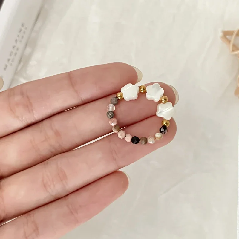 Classic Shell Heart Ring Set Rhodochrosite Natural Stone Stainless Steel Beads Rings For Women Birthday Wedding Girls Wholesale