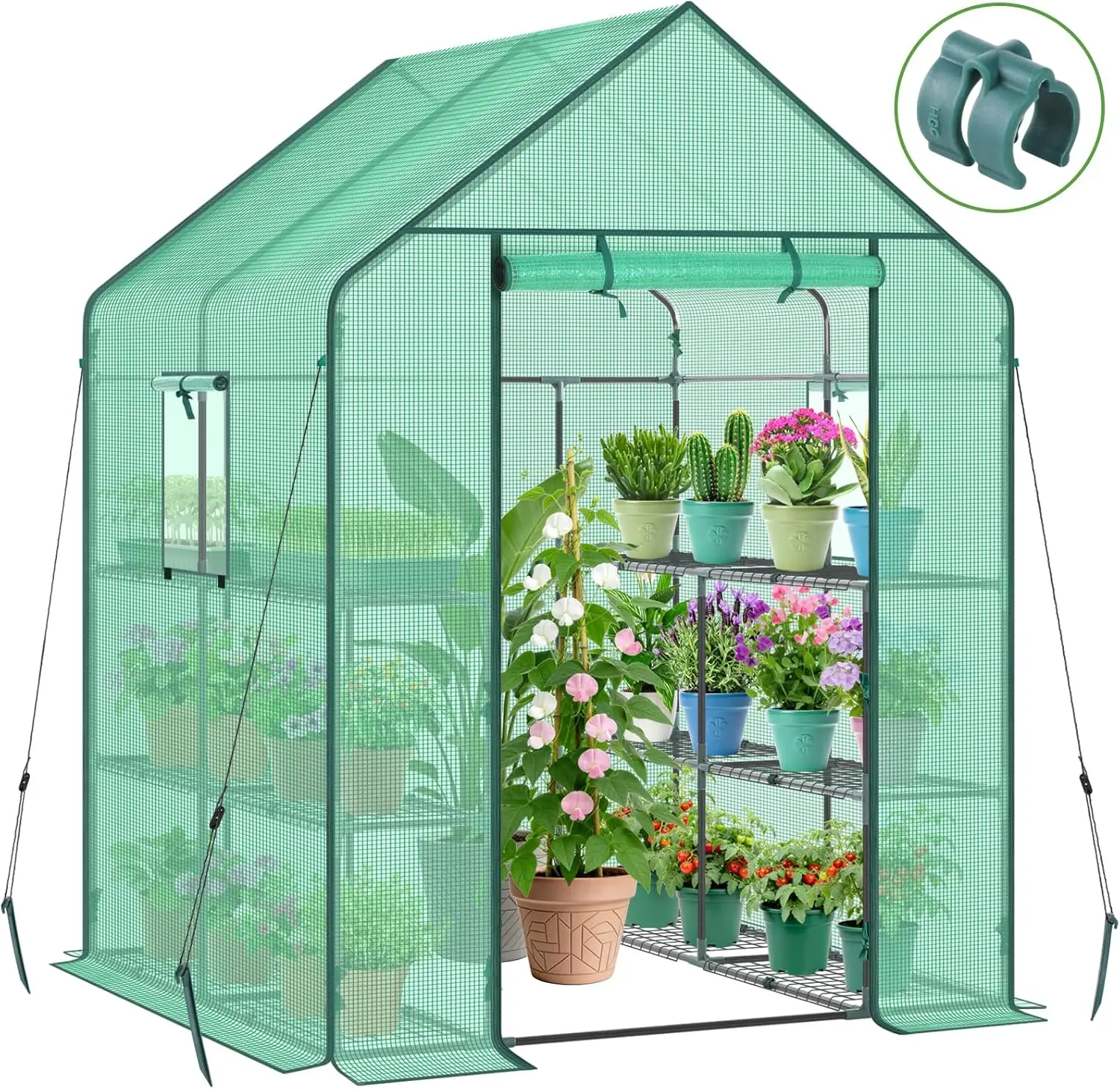 Walk-In Outdoor Greenhouse with Screen Windows, 57 x 57 x 76 Inches, Heavy-Duty Portable Plastic Plant House with Durable PE Cover, 3 Tiers, 12 Shelves, Stands, and Shelf Clips