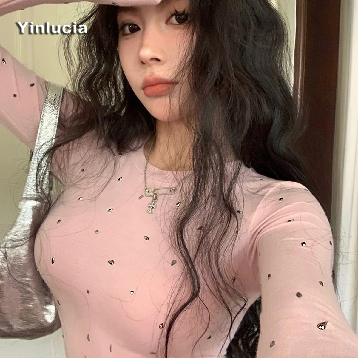 Full Hot Drill Shiny Tee Sexy Slim Tops Long Sleeve Elastic Shirt Women Blouses Party Focus Hot Babes Pullover Y2K Street Wear