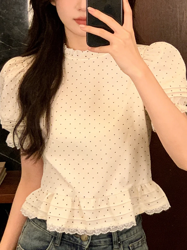 

Summer 2026 New Style Women's Korean round Dot Short Sleeve Chiffon Shirt Large Size Breathable Luxury Feel Daily Wear