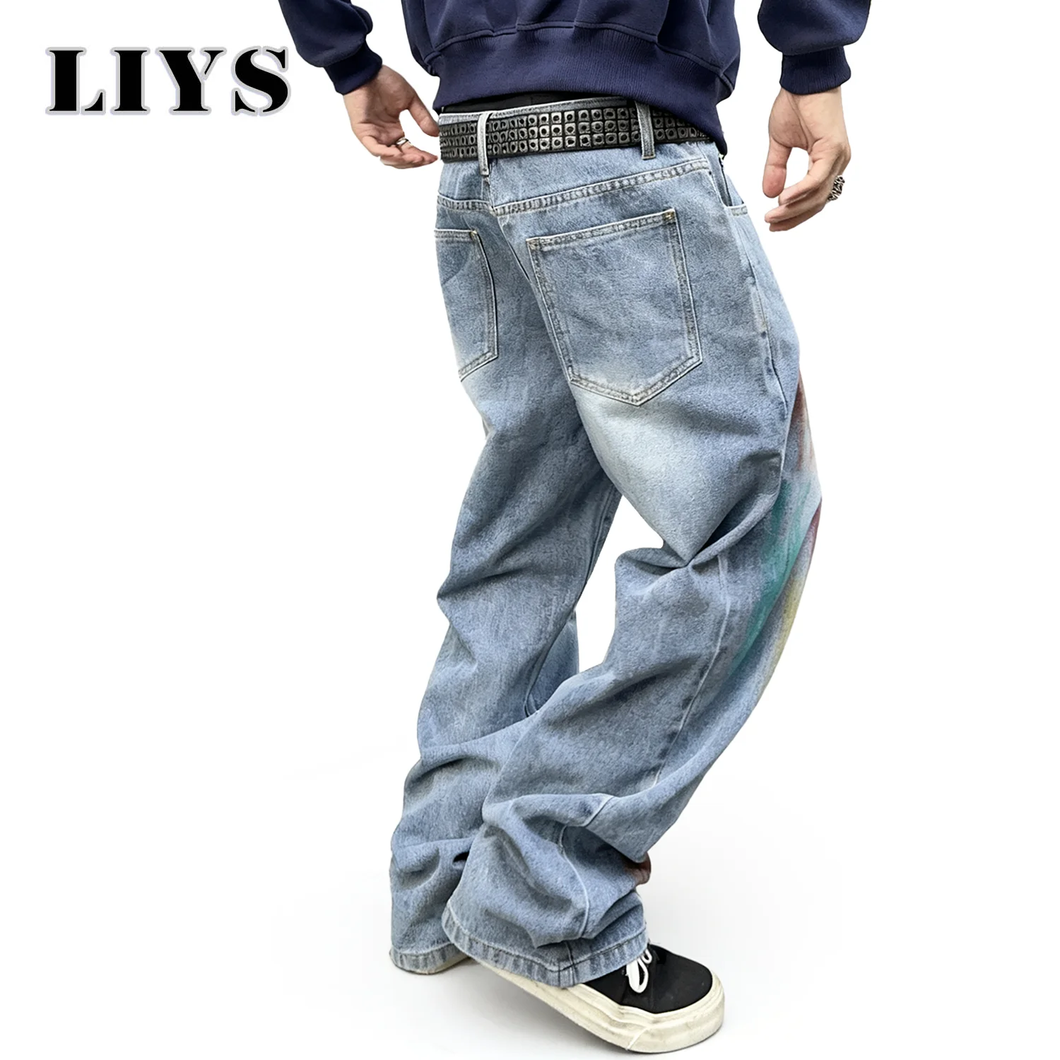 กางเกงยีนส์ทรงตรงหลวมสไตล์เรโทรลายกราฟฟิตี้สำหรับผู้ชาย ดีไซน์ลวดลายนามธรรม ใส่สบายๆ สำหรับฤดูใบไม้ร่วงและฤดูหนาว