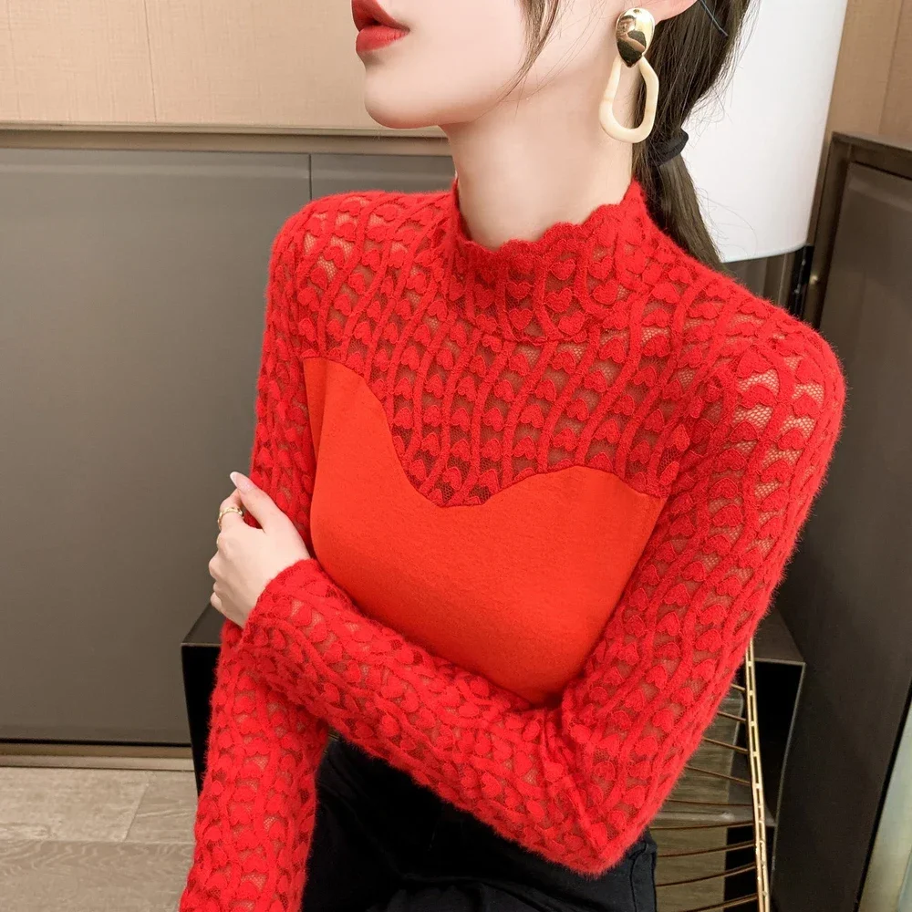 Half High Neck Hollow Out T Shirt Women Solid Lace Knit Pullovers Female Long Sleeve Slim Office Ladies Tops Bottoming Sweater