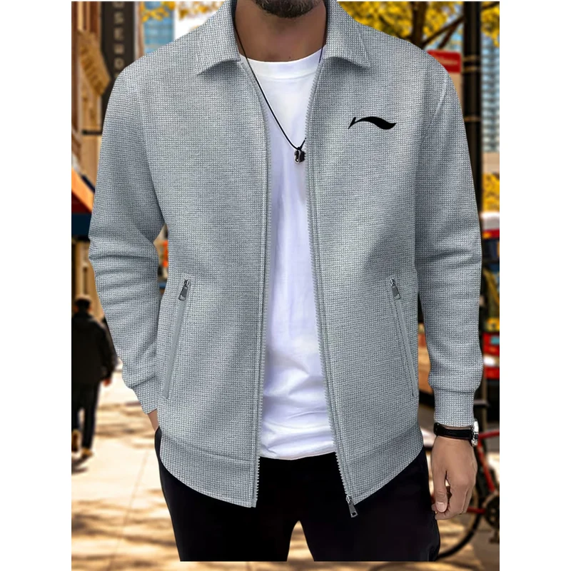 Men's Waffle Knit Collar Jacket, New Spring and Autumn Style, High-End Casual Zipper Coat