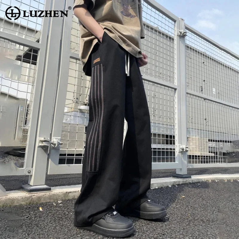 

LUZHEN 2025 New Fashion Stripe Patchwork Straight Casual Pants Men's High Quality Streetwear Elastic Waist Male Trousers JY5843