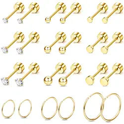 1 Pair Gold Stainless Steel Tiny CZ Ball Flat Back Stud Earring Multiple Piercing Cartilage Hoop Earrings for Women Men