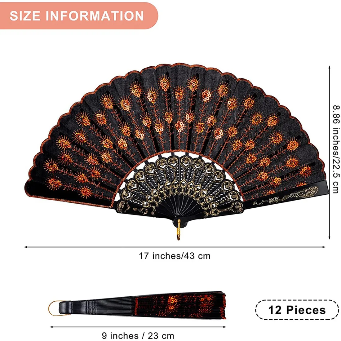 12 Pieces Sequin Fabric Folding Fans Peacock Hand Fans Flower Lace Fans Handheld Folding Fans for Women Wedding Party