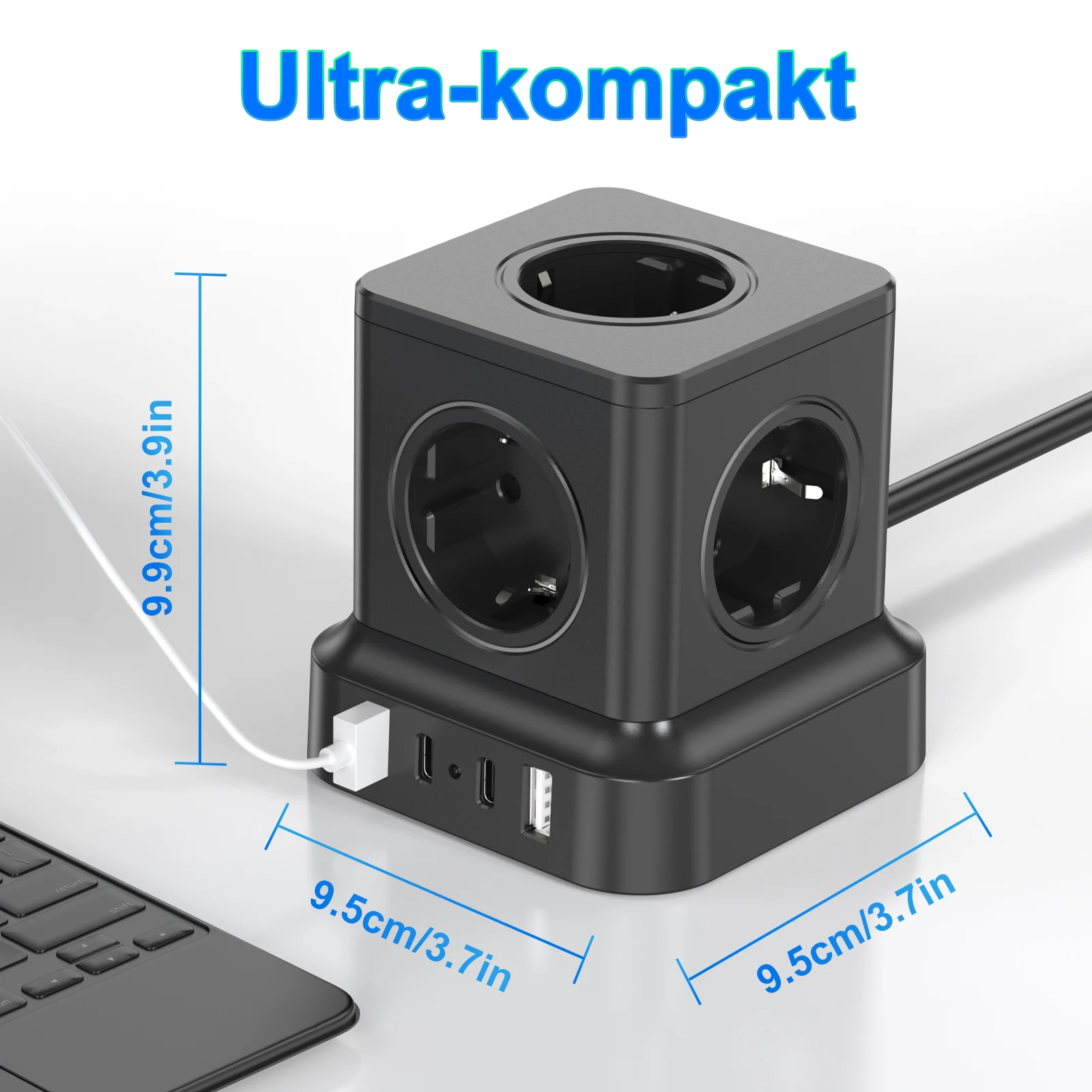 European Desktop Power Strip Tower Fast Charging Station with 2 USB-C 2 USB-A, Power Socket Surge Protector with 1.8m Cable