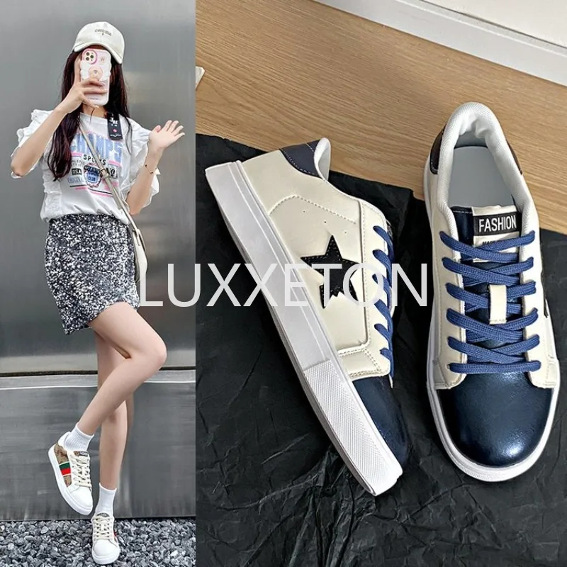 Women Leather Flat Shoes Autumn Sequined Silver Retro Couple Star Old Dirty Girl White Fashion Low Heeled Casual Sports Shoes