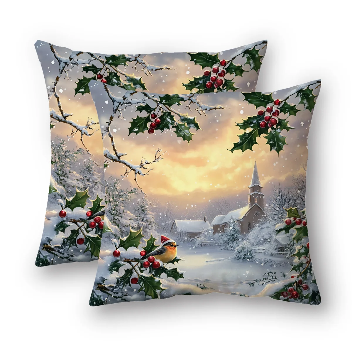 2pcs Christmas Pillow Covers Winter Snow Scene with Hanging Lights, Holly Berries Snowy Church Zipper Closure Cases
