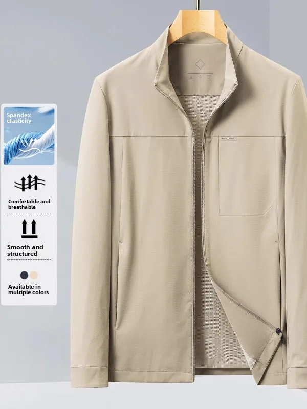 

Men's Spring Autumn Zipper Casual Lightweight Jaet Pure Color Stand Collar Thin Adstrative Outerwear Breathable Nylon