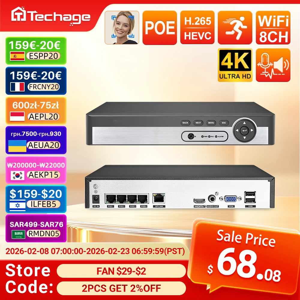 

Techage H.265 8CH PoE NVR UHD 4K 8MP 5MP 4MP 1080P Network Video Recorder for Surveillance System Face Tracking Security Camera
