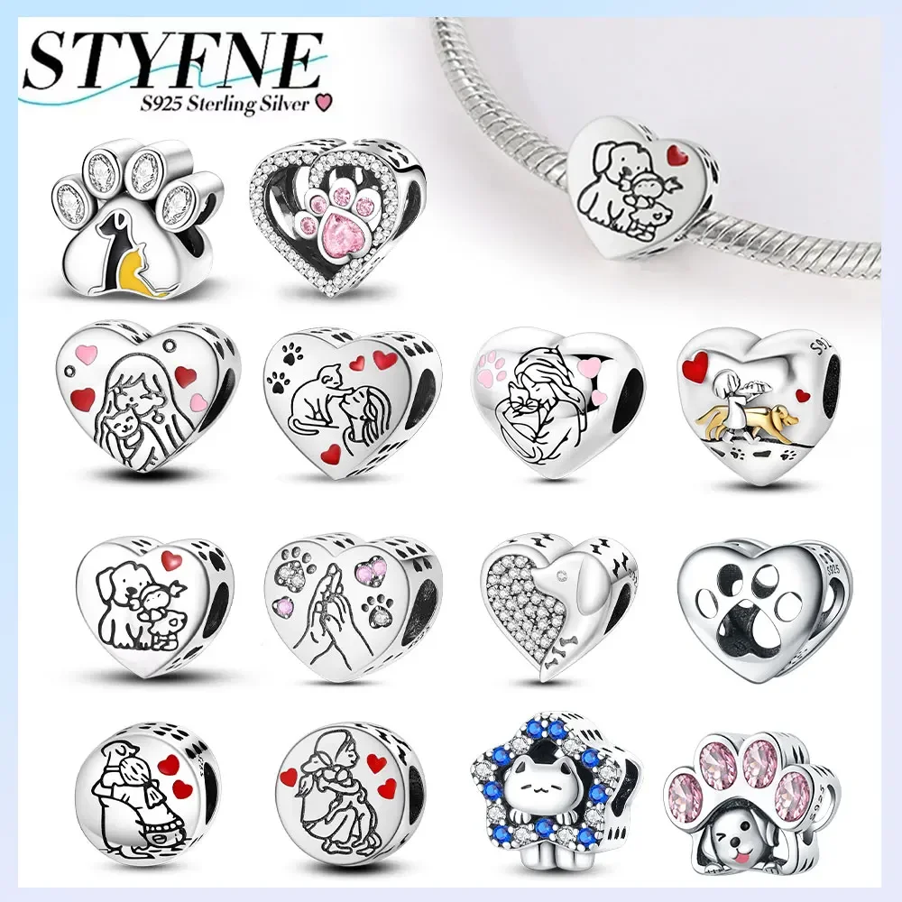 925 vergoldetes Silber, rosa Herz, graviert, Mädchen mit Katzenumarmung, Hundepfoten, Perlenanhänger, Geburtstagsparty-Armbänder für Frauen, DIY-Schmuck, Geschenk