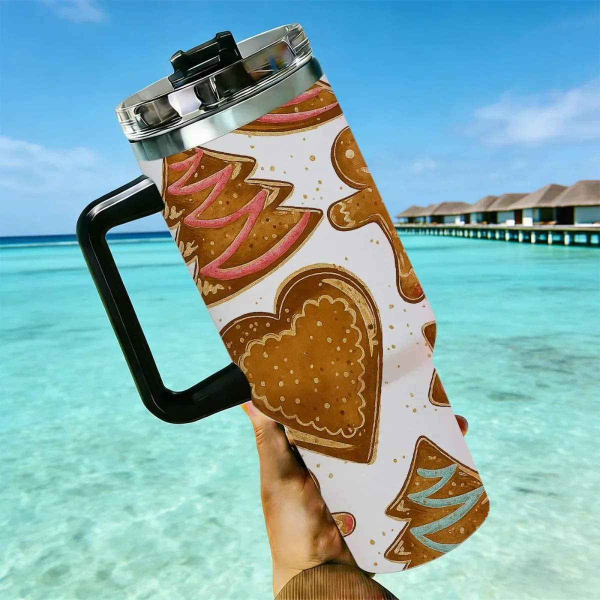 40oz Christmas Gingerbread Cookie Repeat Print Stainless Steel Tumbler With Handle Straw Lid 24 Hours Cold Insulated Travel Water Cup