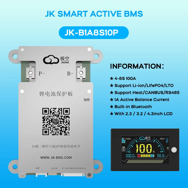

JK SMART ACTIVE BMS 100A B1A8S10P 4S 8S 24V Smart BMS Active Balance 1A bms for lifepo4 lithium ion battery BMS RS485 CAN App BT