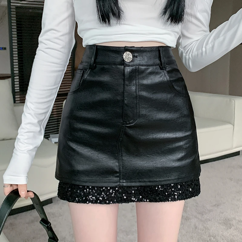 Glitter A-line hip hugging short skirt for women in autumn and winter, high waist slimming half length skirt