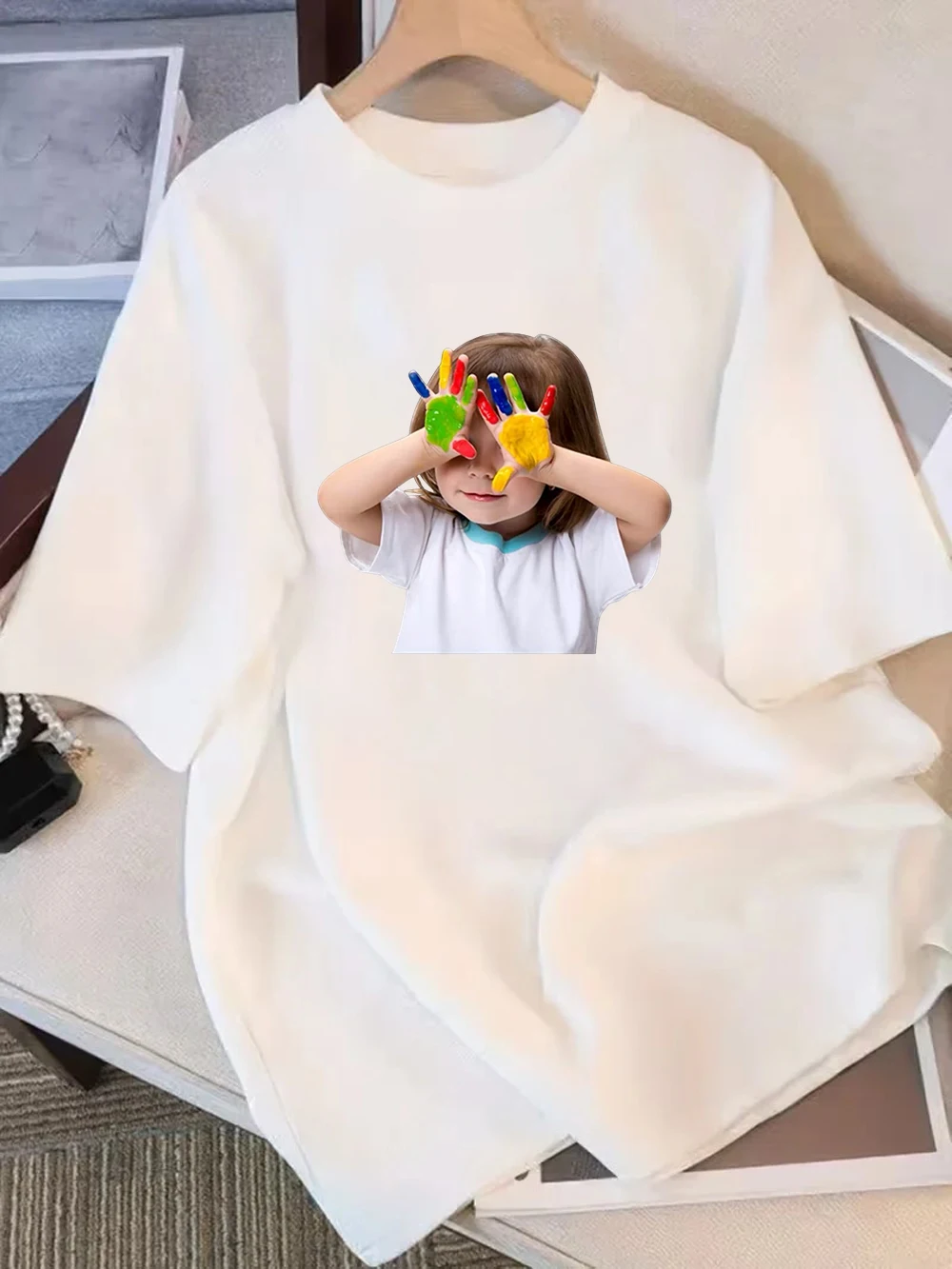 Korean Style Baby Graphic Short-sleeved T-Shirt Tee Cute Child with Painted Palms Top Trendy Ins Aesthetic Wear for Men & Women