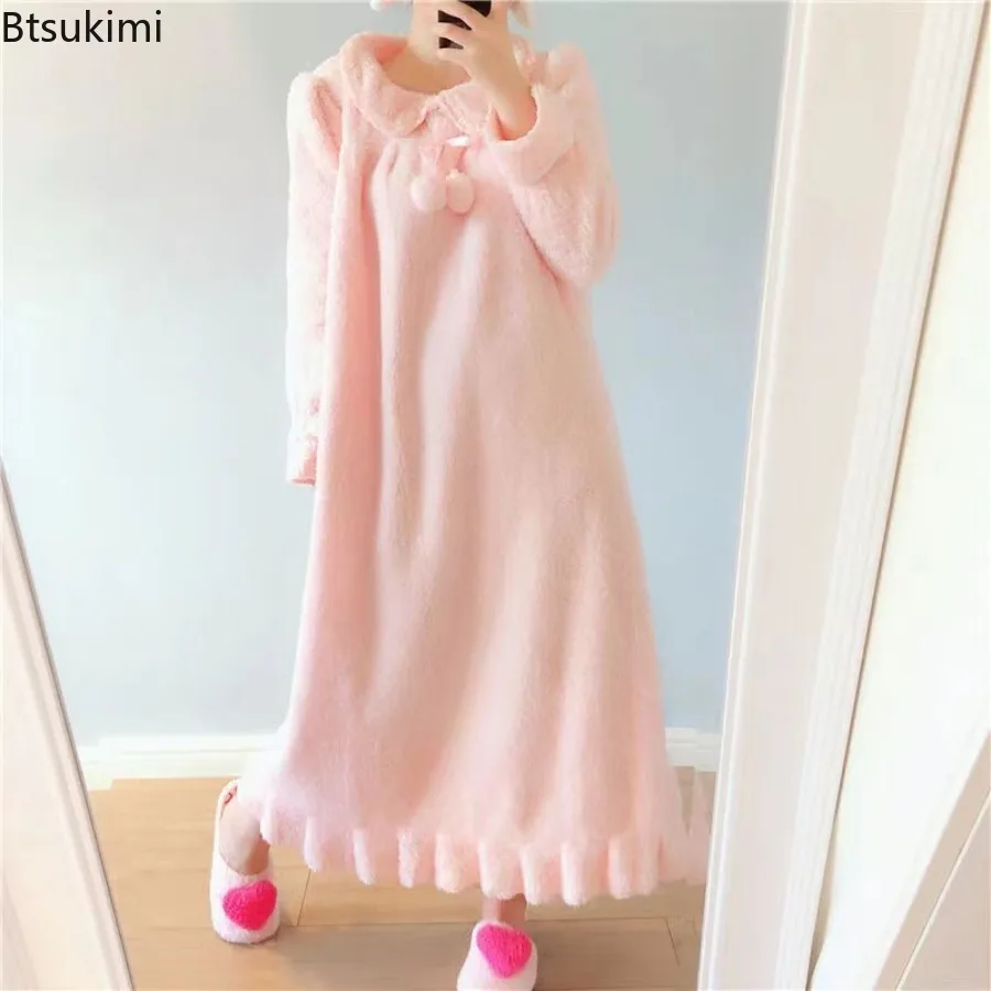 2025, Damen-Nachthemd aus dickem Flanell, Herbst und Winter, warm, einfarbig, langärmelig, Spitze, Nachtwäsche, neues süßes Mädchen-Nachthemd