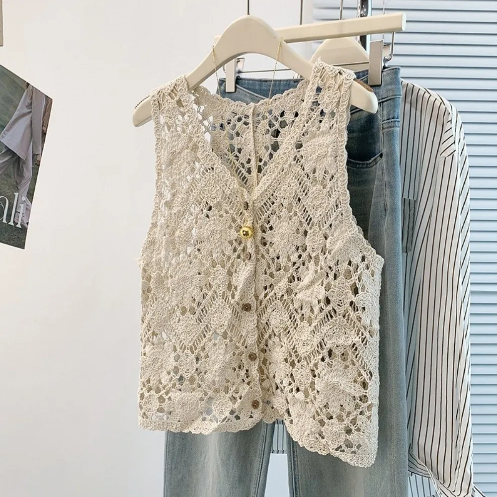 Chaleco de Ganchillo Versátil con Patrón Calado, Estilo Boho, Holgado, Diseño en Capas, Sin Mangas, Ideal para Vacaciones