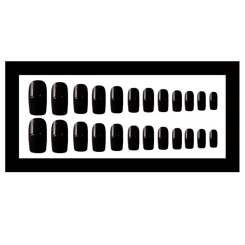 24PCS Solid Black Fake Nails Long Flat Head Sweet Style Press on Nails Wearable Finished Nail Piece with Glue SAL99