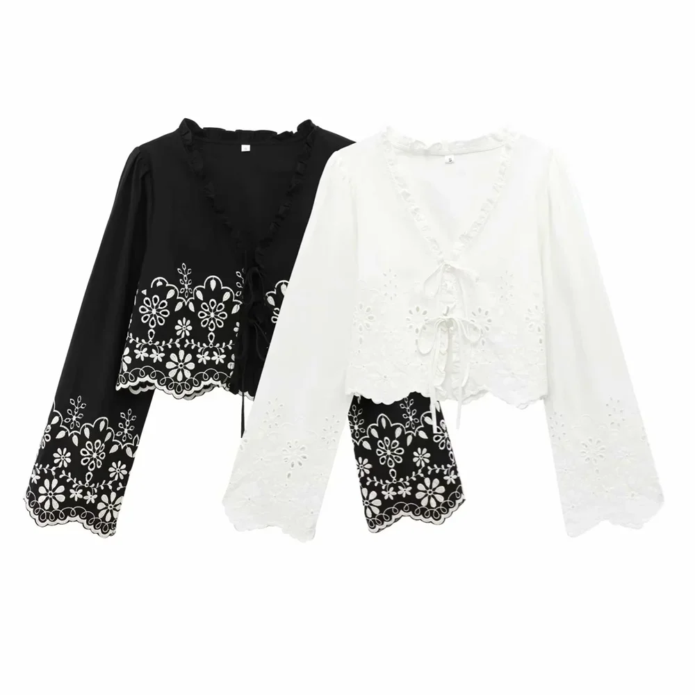 

Новинка 2025, женский полый топ с вышивкой, однотонное украшение, весна/лето, новая повседневная женская рубашка, топ