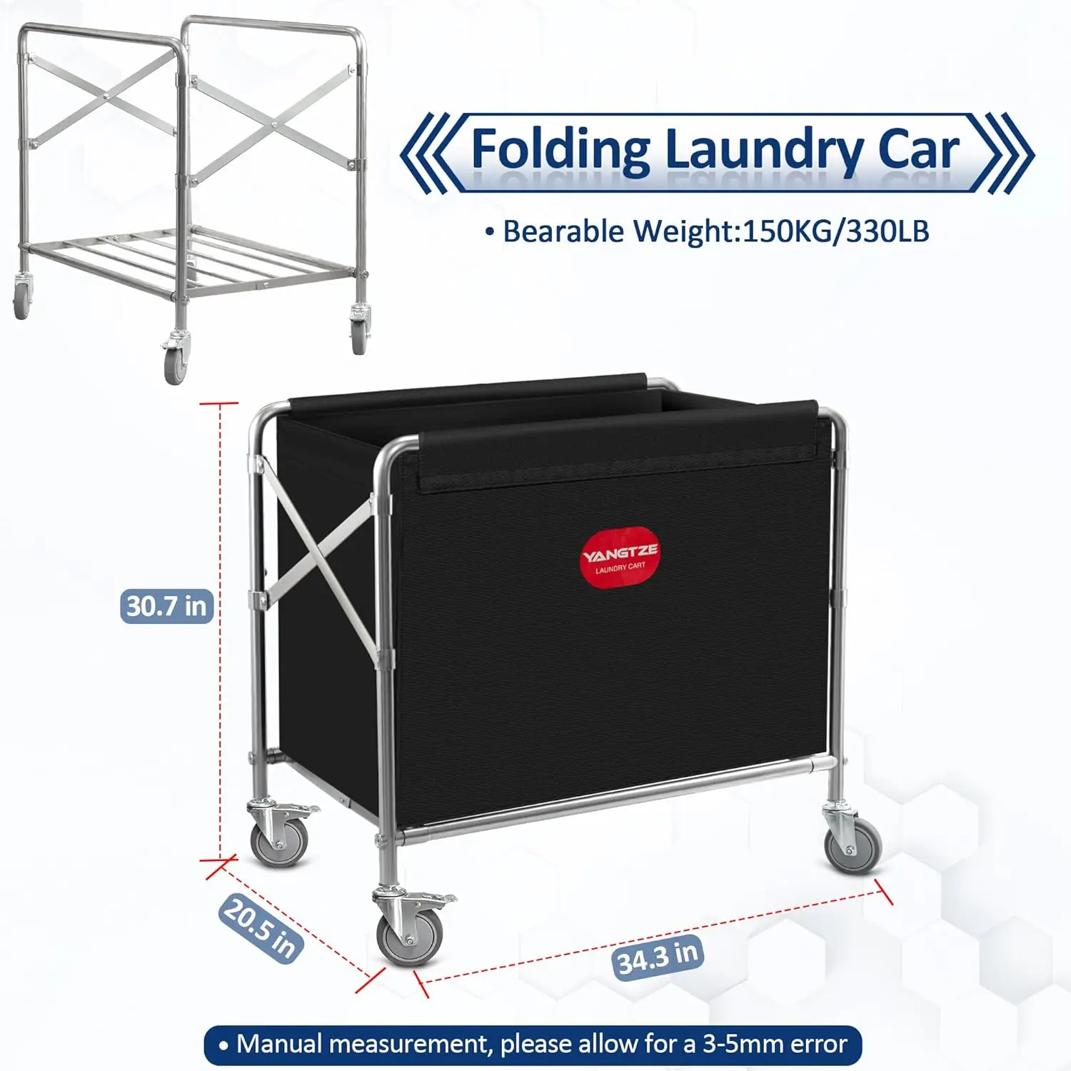 Laundry Cart,Commercial Laundry Cart with Wheels,Industrial Laundry Cart with Foldable Stainless Steel Frame and Waterproof Oxfo