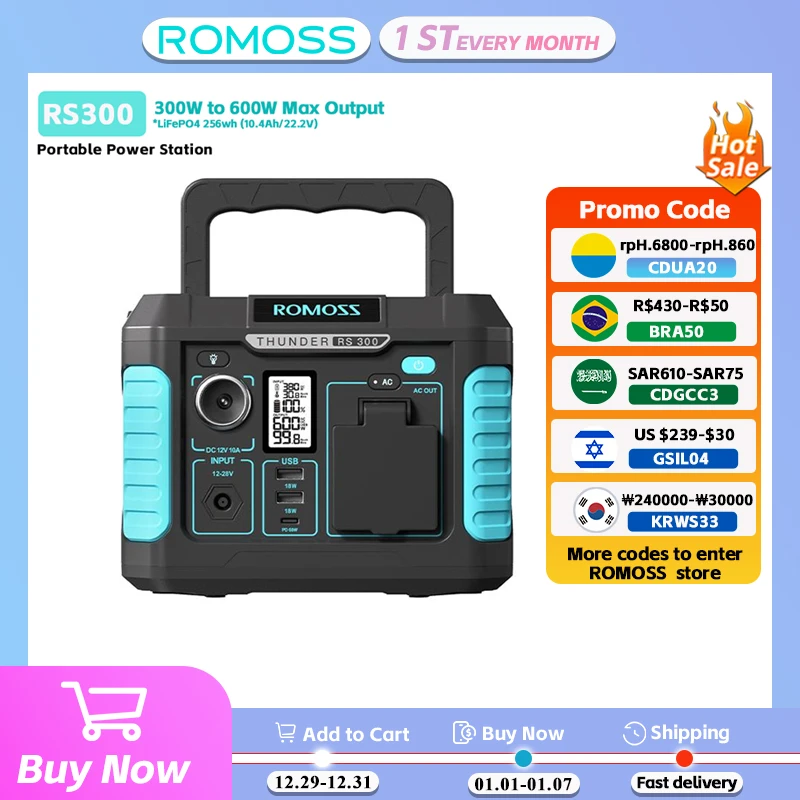 ROMOSS 300W~600W RS300 Portable Power Station 220V 62400mAh Powerful Power Bank External Battery Outdoor Camping