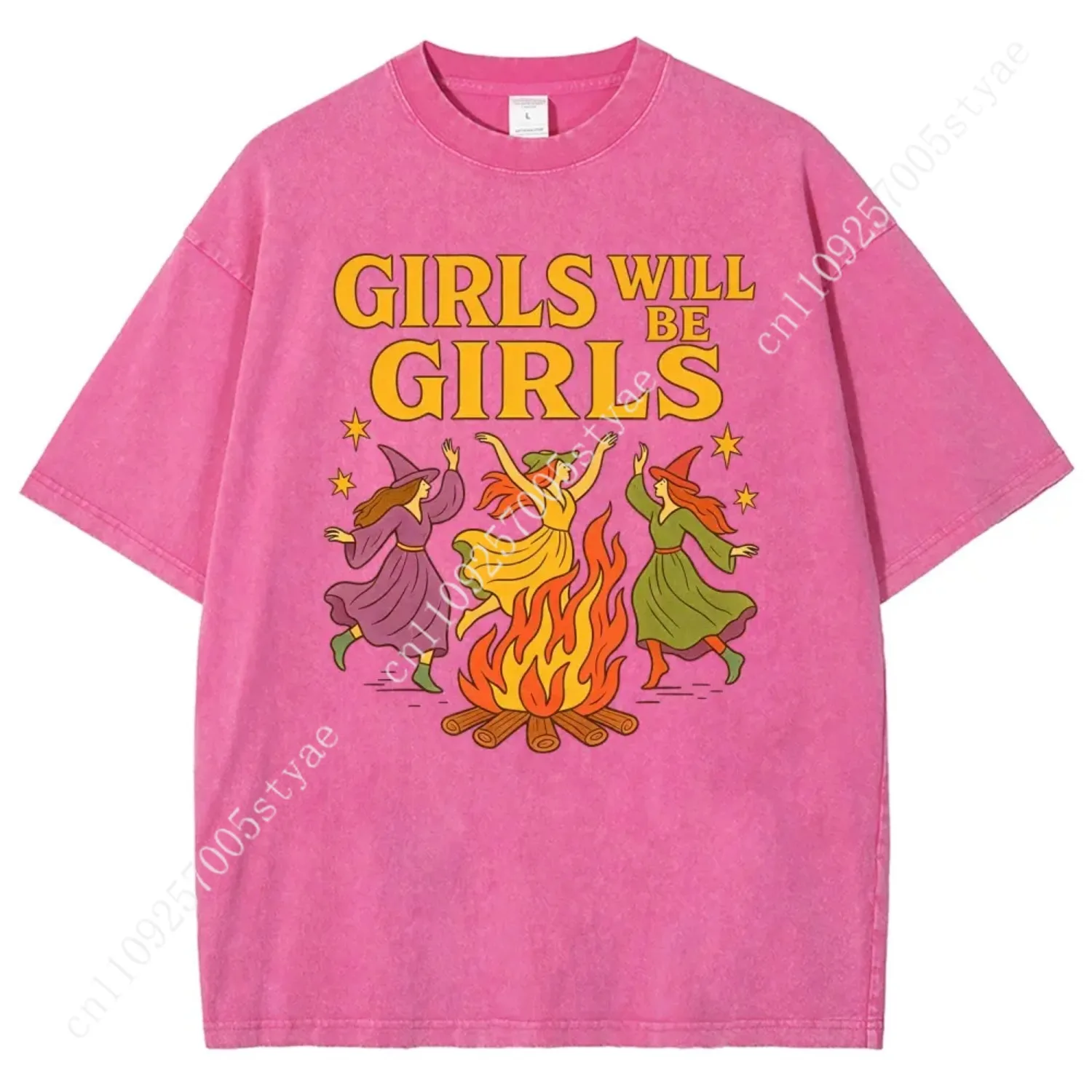 Girls Will Be Girls Retro Dancing Witch Bonfire T-Shirt, Washed Oversized Tee, Funny Halloween Spooky Season Shirt